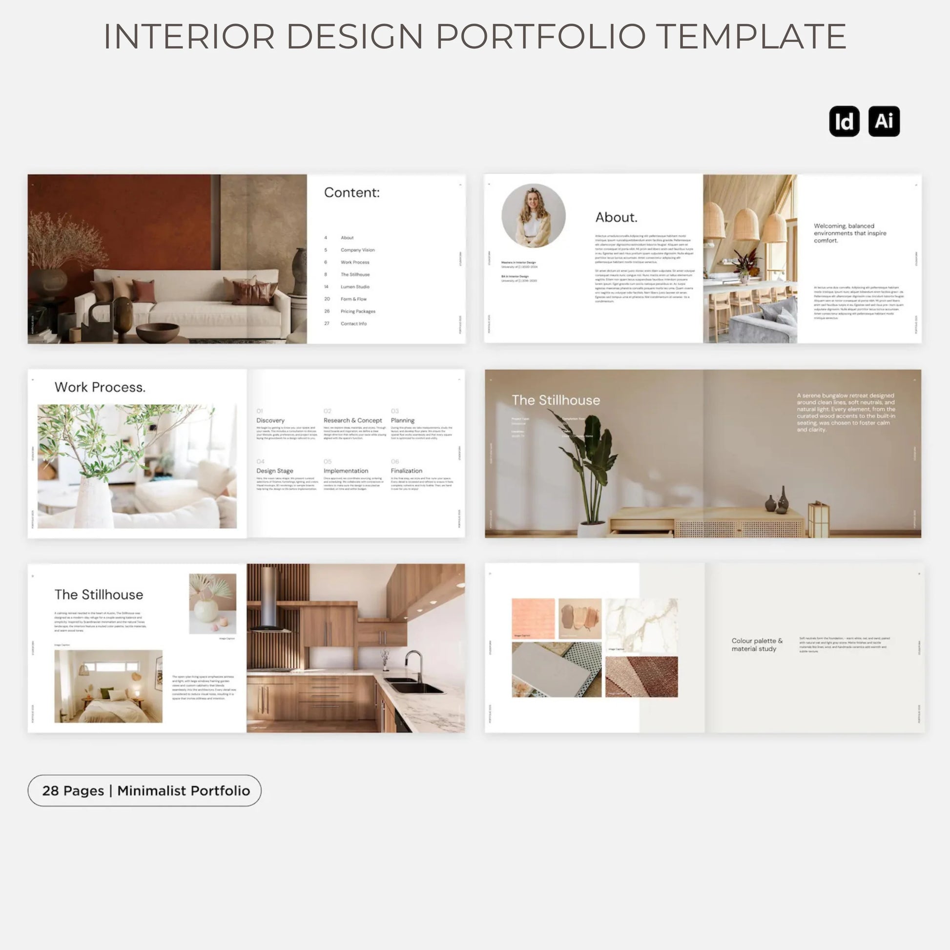 Interior design portfolio template with various sections and images on a white background