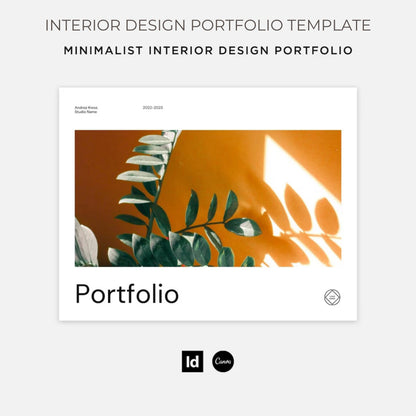 Minimalist interior design portfolio template with leafy plant image on a white background