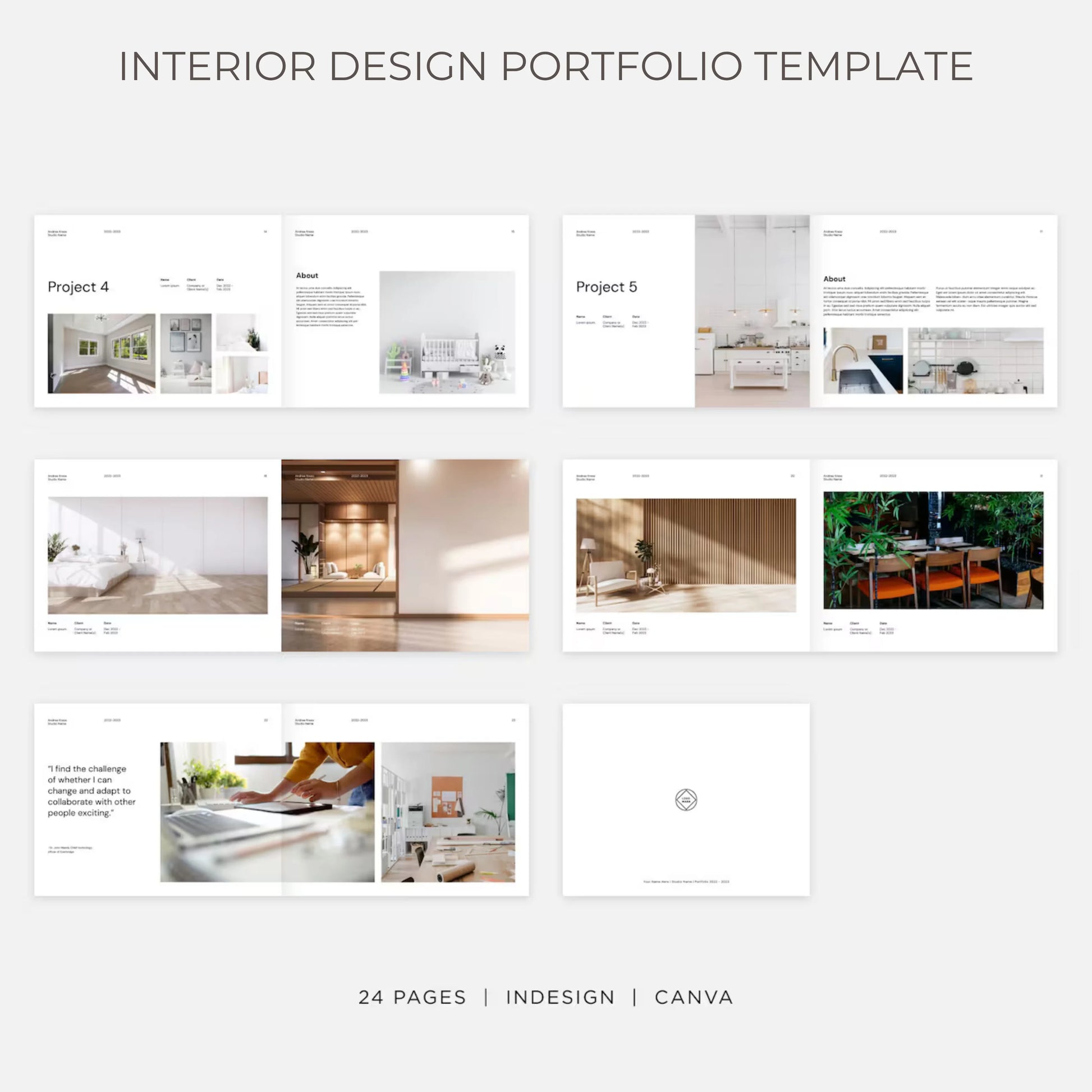 Interior design portfolio template with project images and text on a white background
