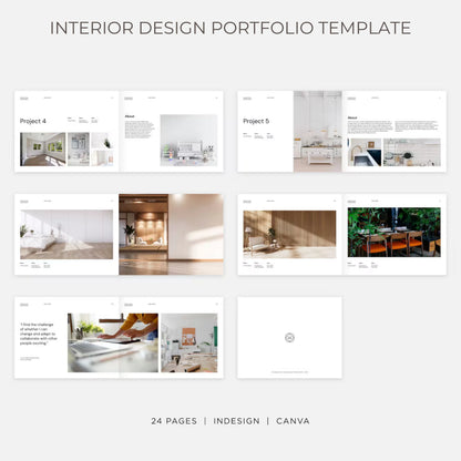 Interior design portfolio template with project images and text on a white background