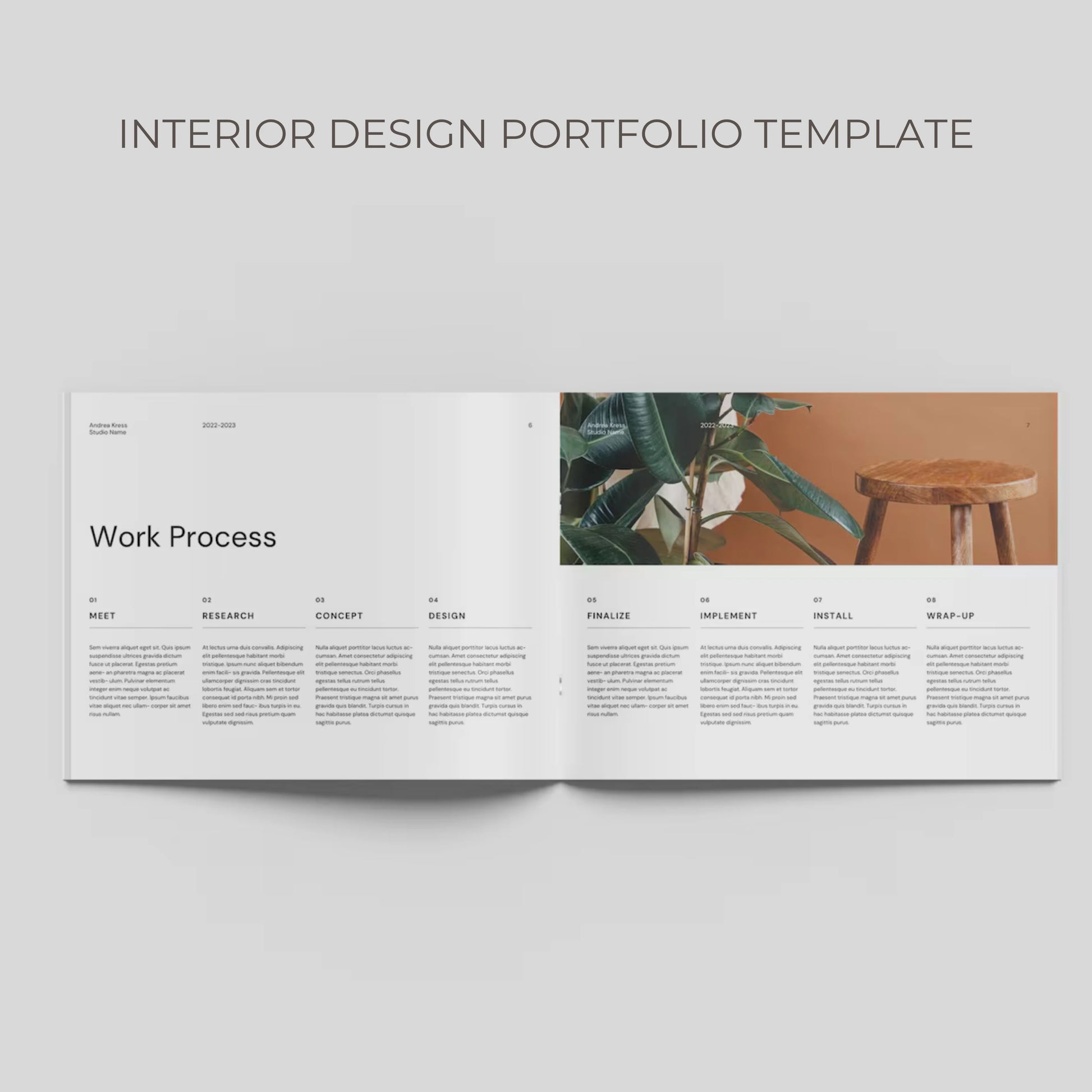 Open interior design portfolio template showing 'Work Process' section with a photo of a stool and plants.