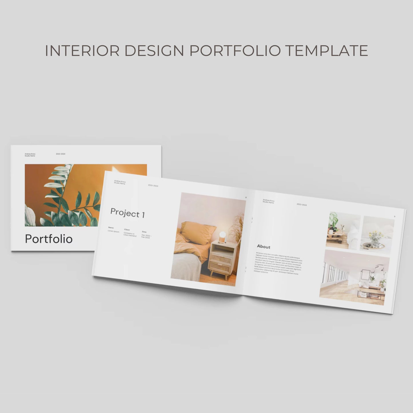 Open interior design portfolio on a light gray background