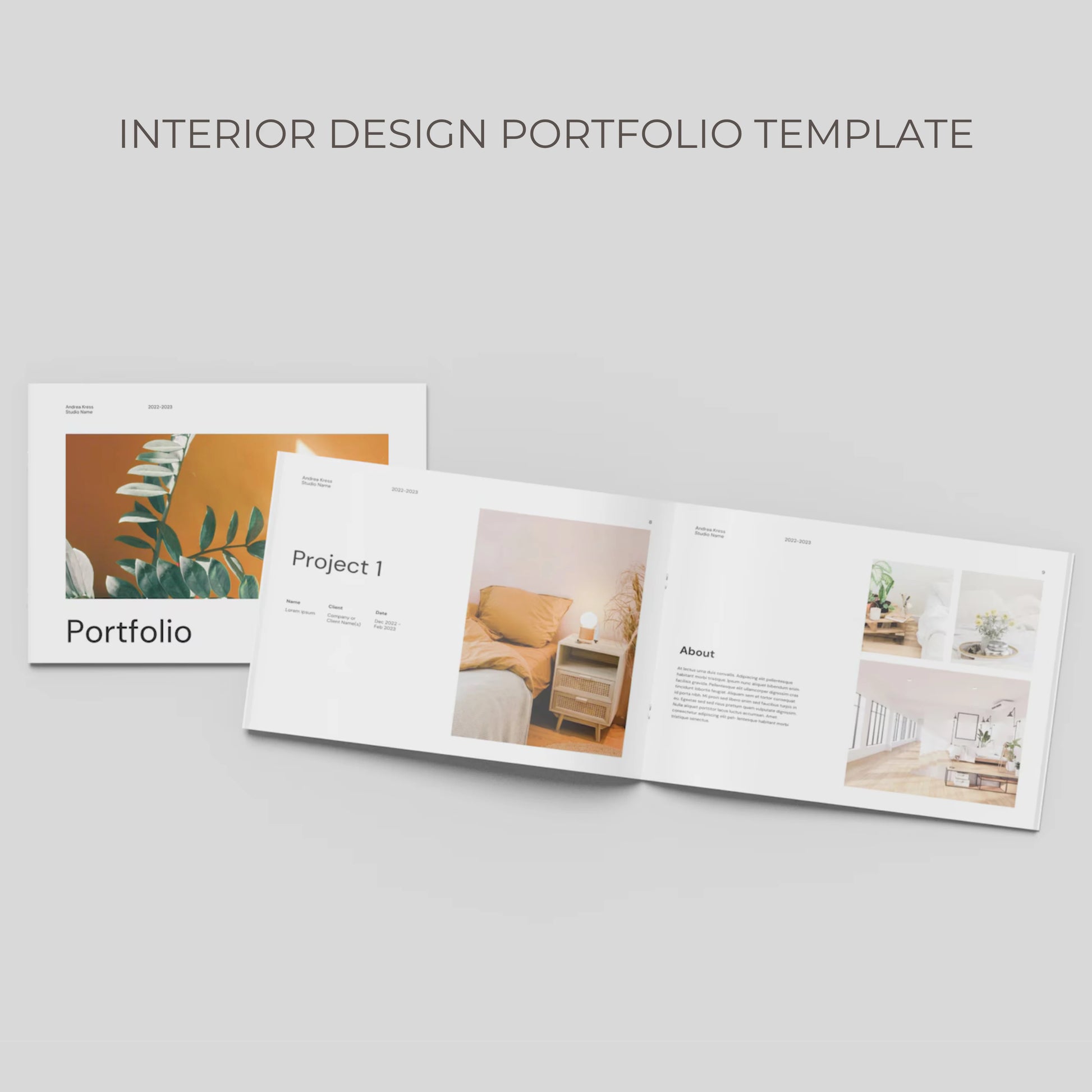 Open interior design portfolio on a light gray background