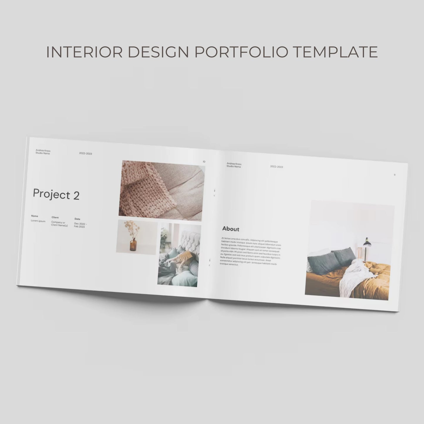 Open interior design portfolio template on a light gray background