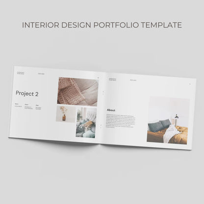 Open interior design portfolio template on a light gray background