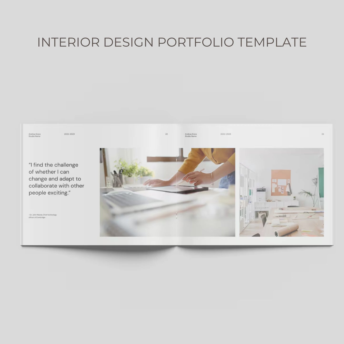 Interior design portfolio template with images of a person working and a room interior.
