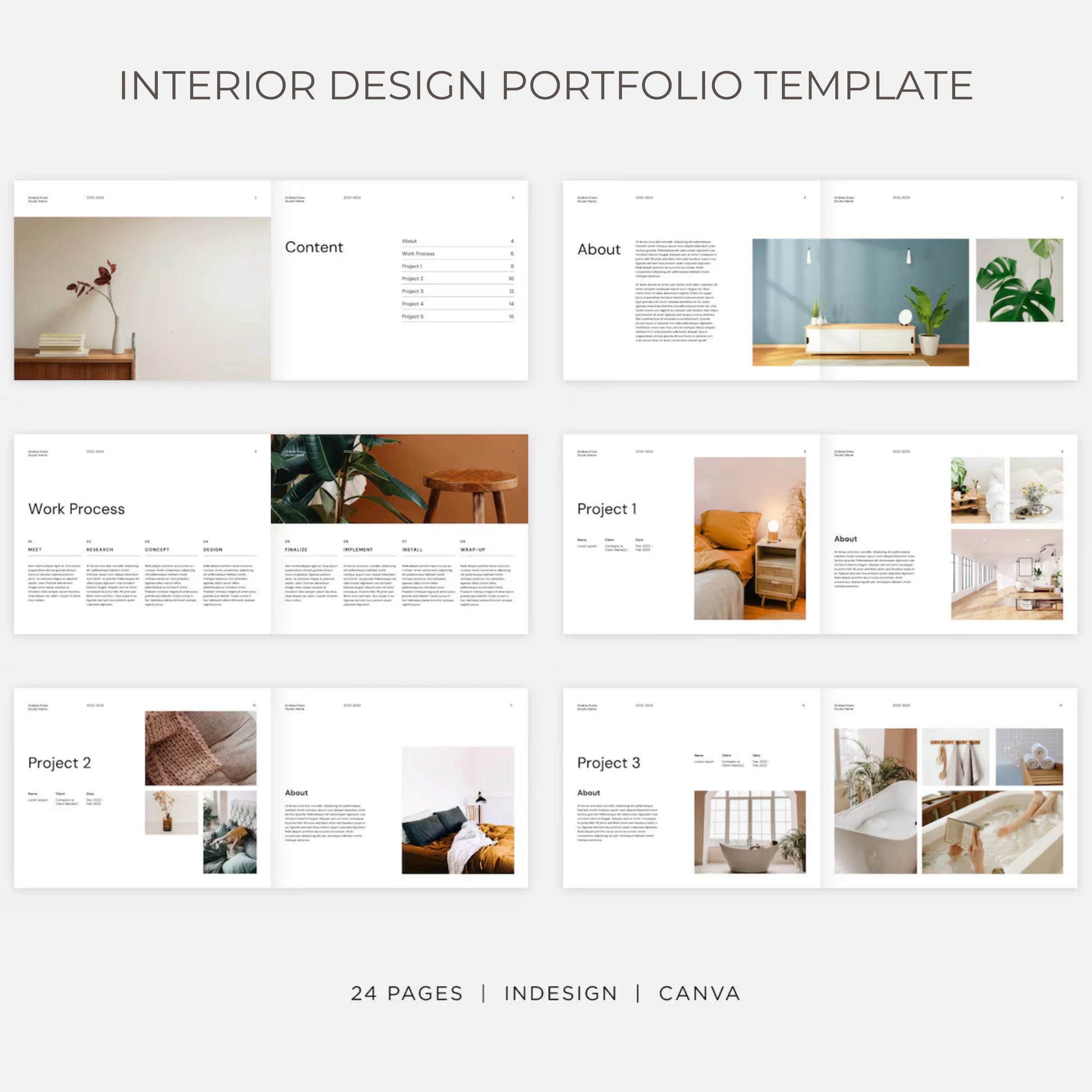 Interior design portfolio template with various pages and images on a white background