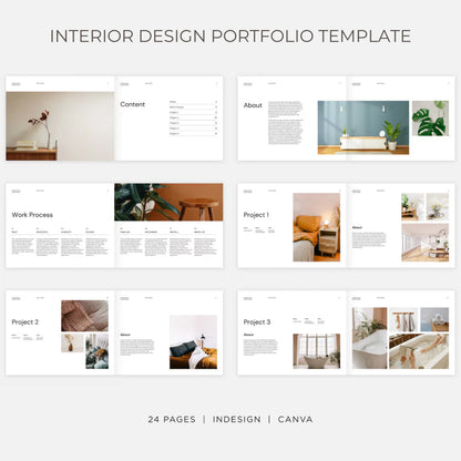 Interior design portfolio template with various pages and images on a white background