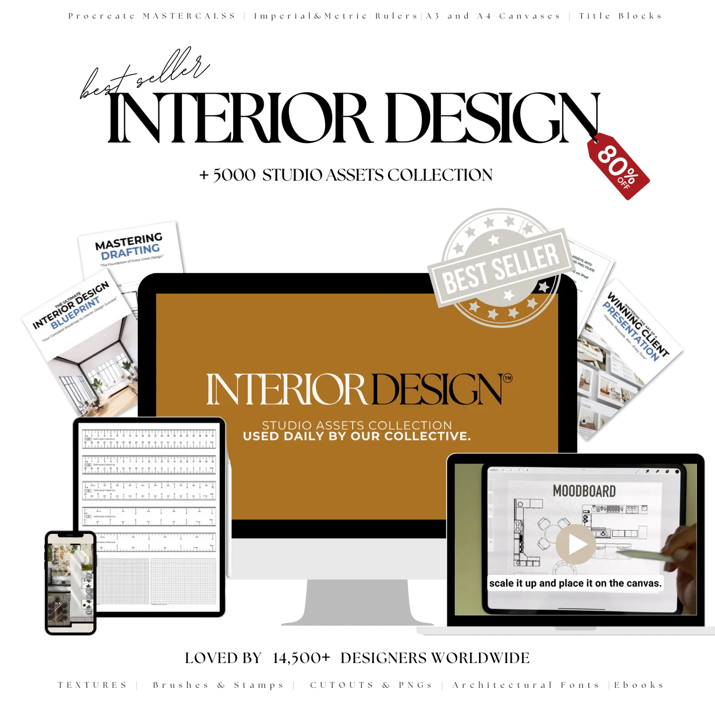 Promotional graphic for an interior design studio assets collection with a computer monitor, smartphone, and tablet displaying design tools.