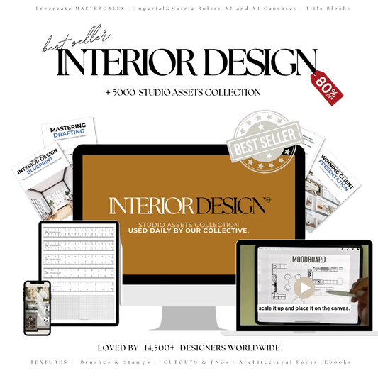 Promotional graphic for an interior design studio assets collection with a computer monitor, smartphone, and tablet displaying design tools.