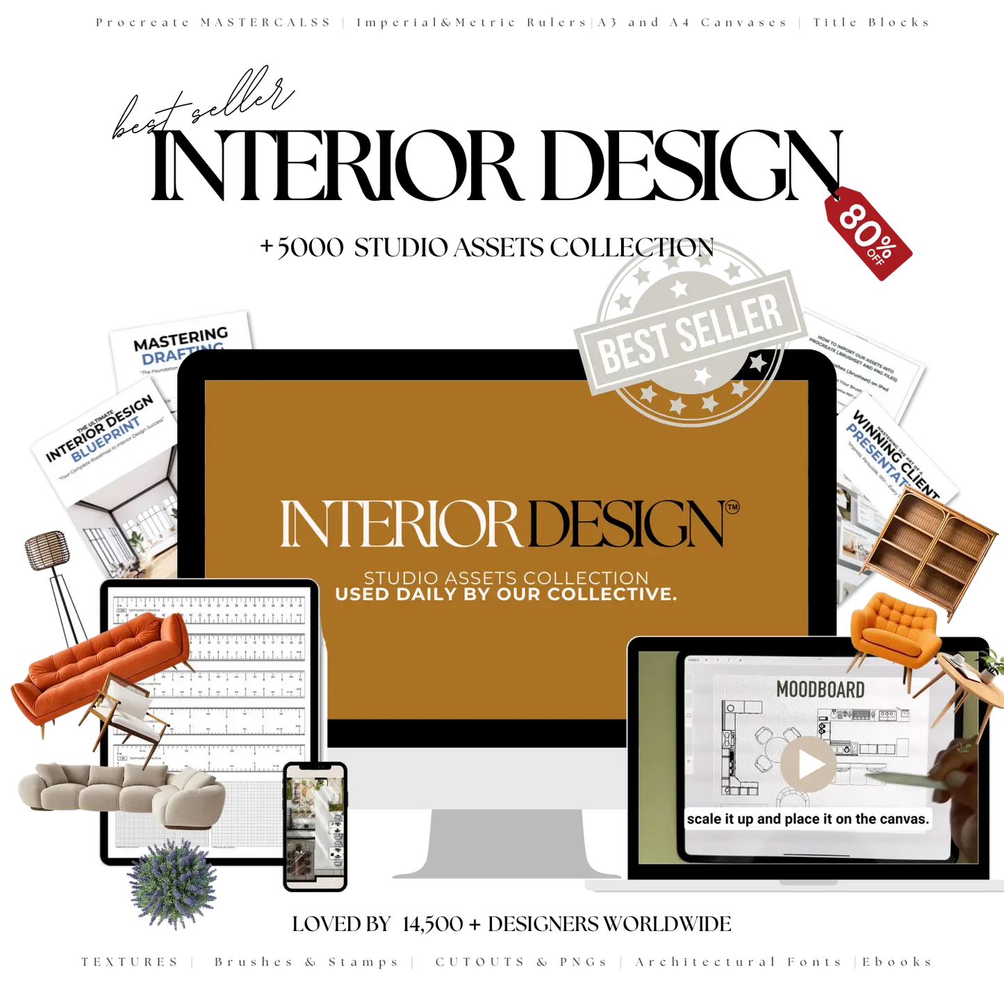 Promotional graphic for an interior design studio assets collection with text and images of design tools and furniture.