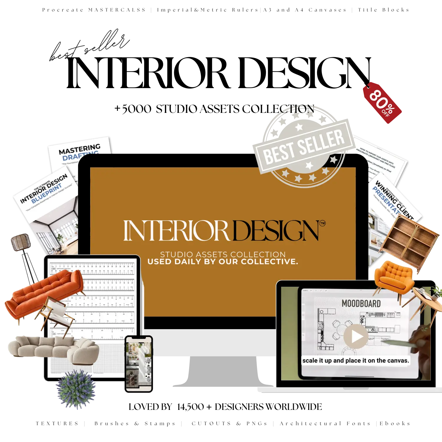 Promotional graphic for an interior design studio assets collection with text and images of design tools and furniture.
