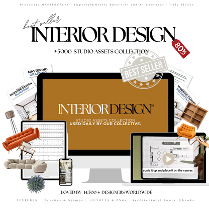 Promotional graphic for an interior design studio assets collection with text and images of design tools and furniture.