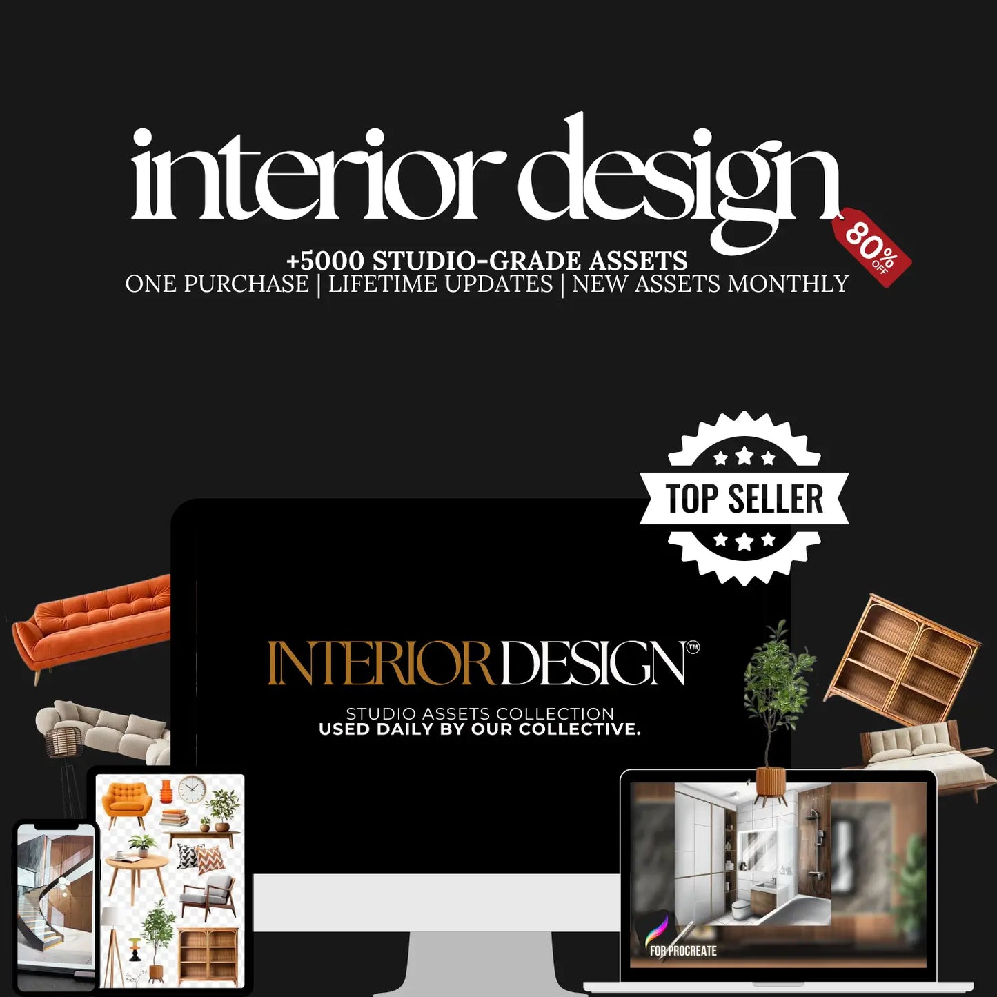 Promotional graphic for interior design assets with text and images of furniture and software.