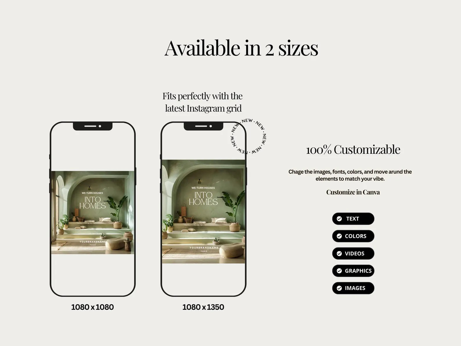 Two smartphone screens displaying a lifestyle photo with text about customization and size options.