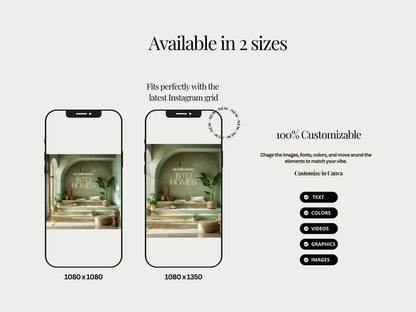 Two smartphone screens displaying a lifestyle photo with text about customization and size options.