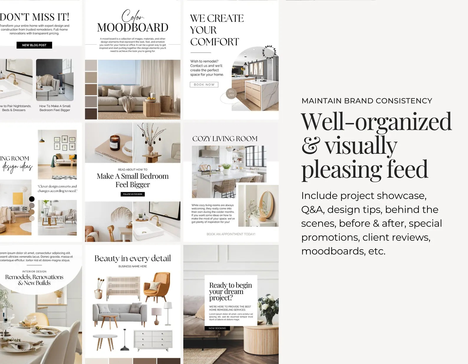 Collage of interior design images with text on maintaining brand consistency and creating a visually pleasing feed.