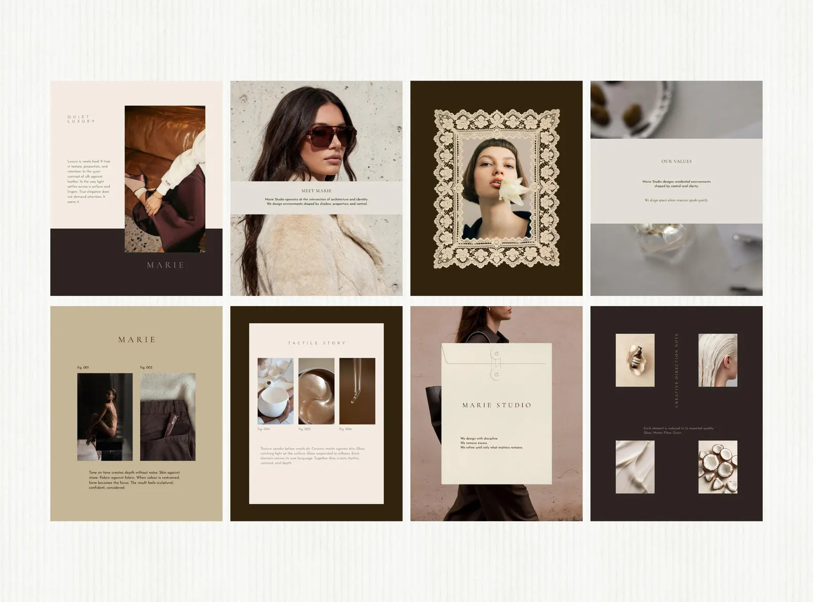 Collage of various design templates with portraits and text on a white background