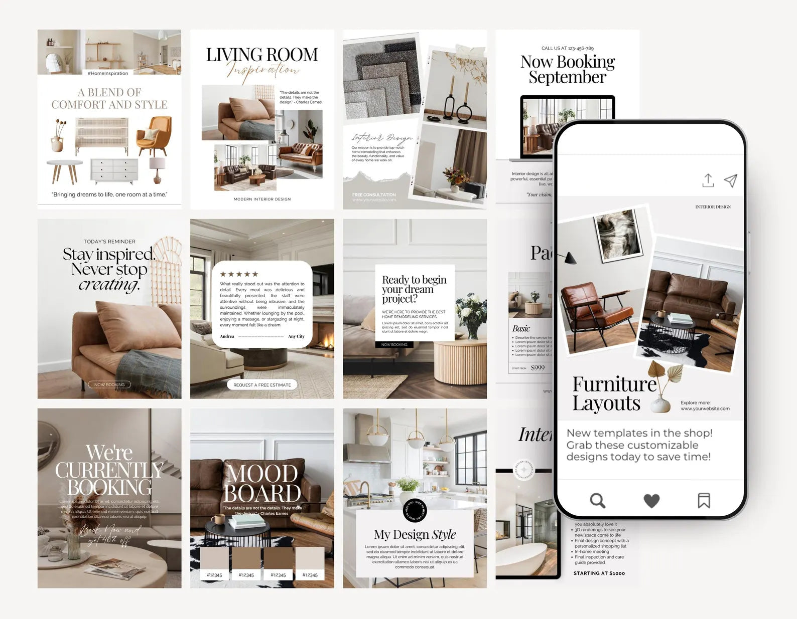 Phone displaying a shopping app with furniture layout designs on a white background