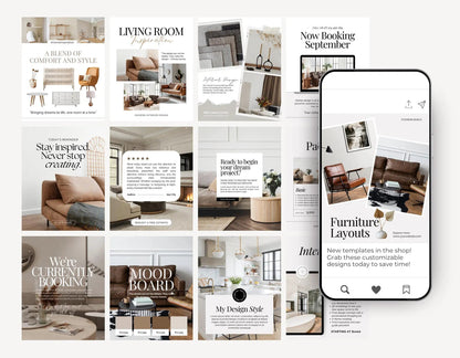 Phone displaying a shopping app with furniture layout designs on a white background