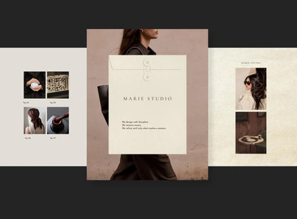 Collage of a person holding a beige envelope with 'MAIRE STUDIO' branding, surrounded by smaller images.