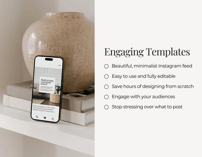 Phone displaying an Instagram feed with a decorative vase and books in the background