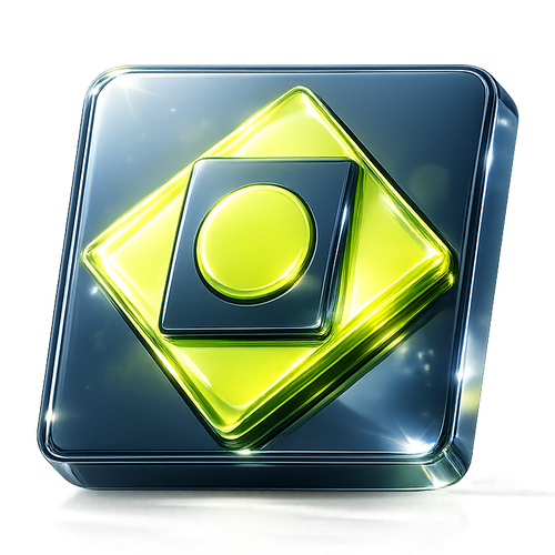 Shiny, reflective logo with a yellow center and blue outer shell on a white background