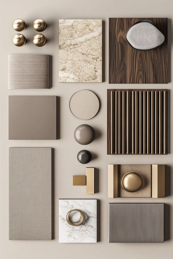 Collection of various textured and patterned tiles on a beige background