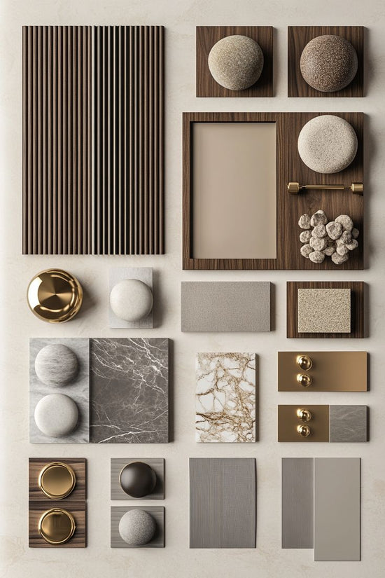 Collection of decorative wall art pieces with various textures and finishes on a neutral background.