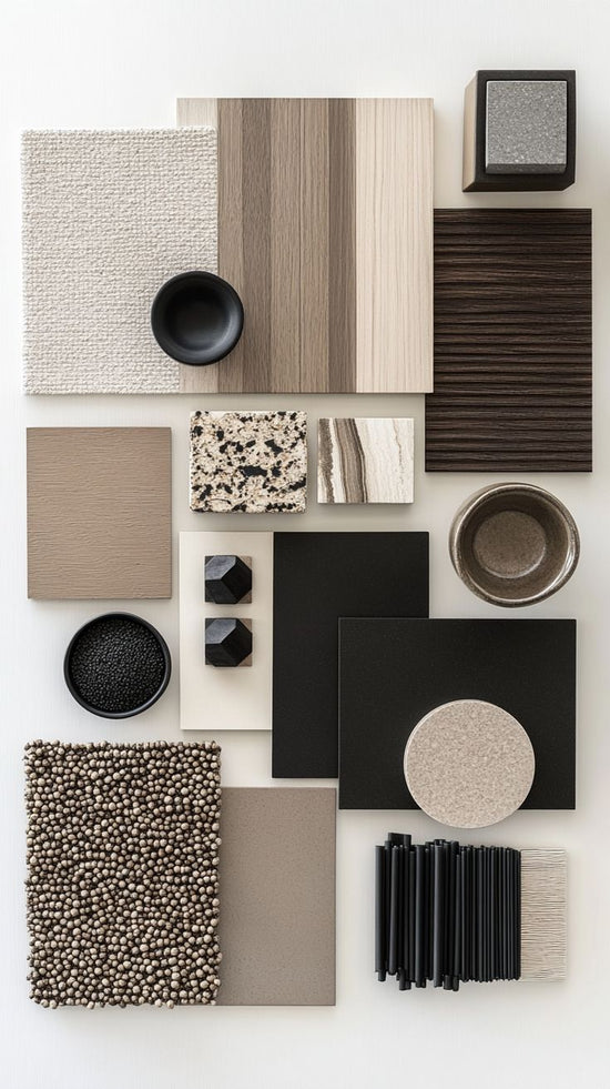 Collection of various textured and patterned tiles in neutral colors on a white background