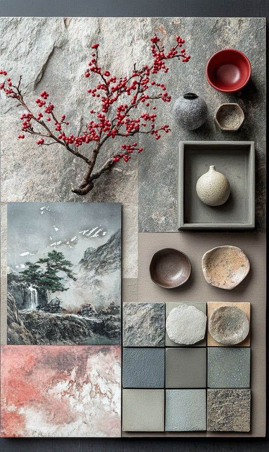 Collage of ceramic bowls, a branch with red berries, and landscape photos on a textured surface.