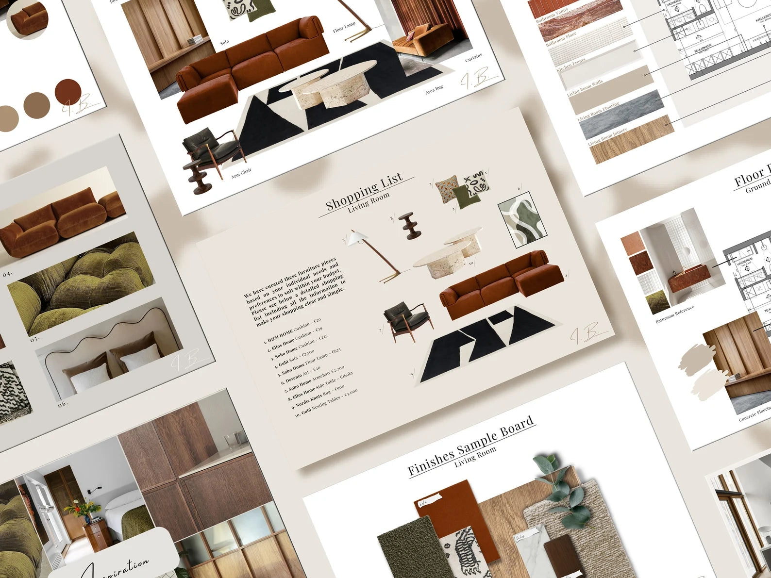 Collage of interior design samples with furniture and color swatches.