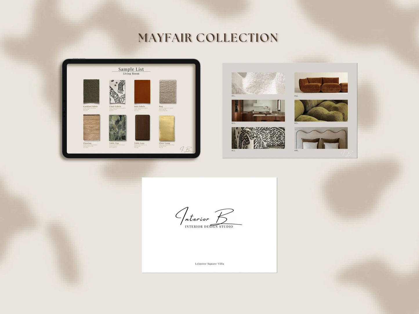 Mayfair Collection display with a tablet and sample images on a neutral background