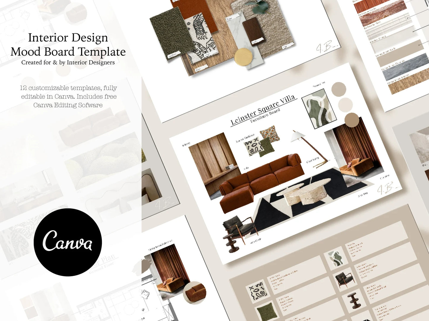 Interior design mood board templates with Canva branding on a white background