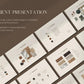 Client presentation slides with design elements on a brown background