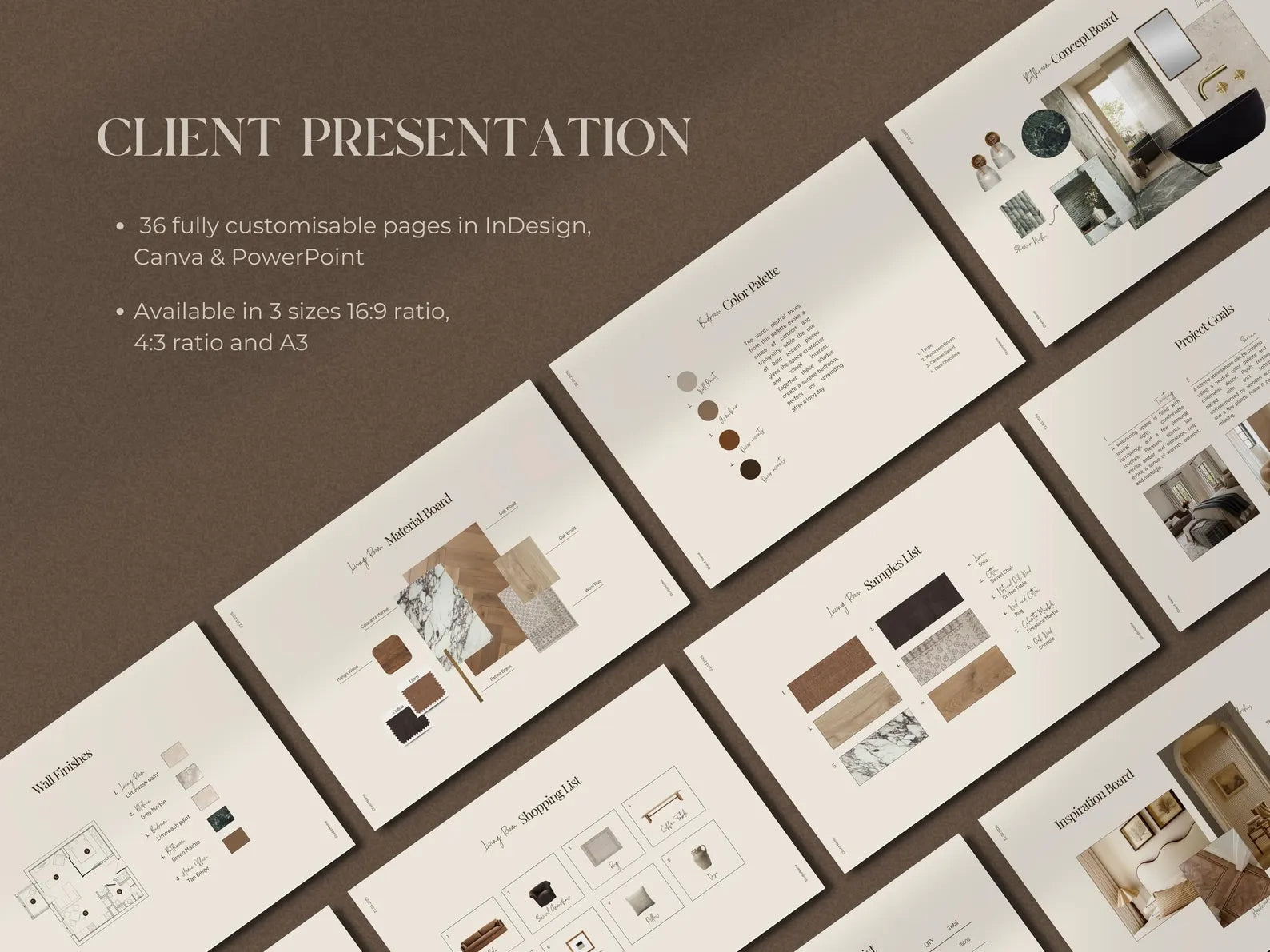Client presentation slides with design elements on a brown background