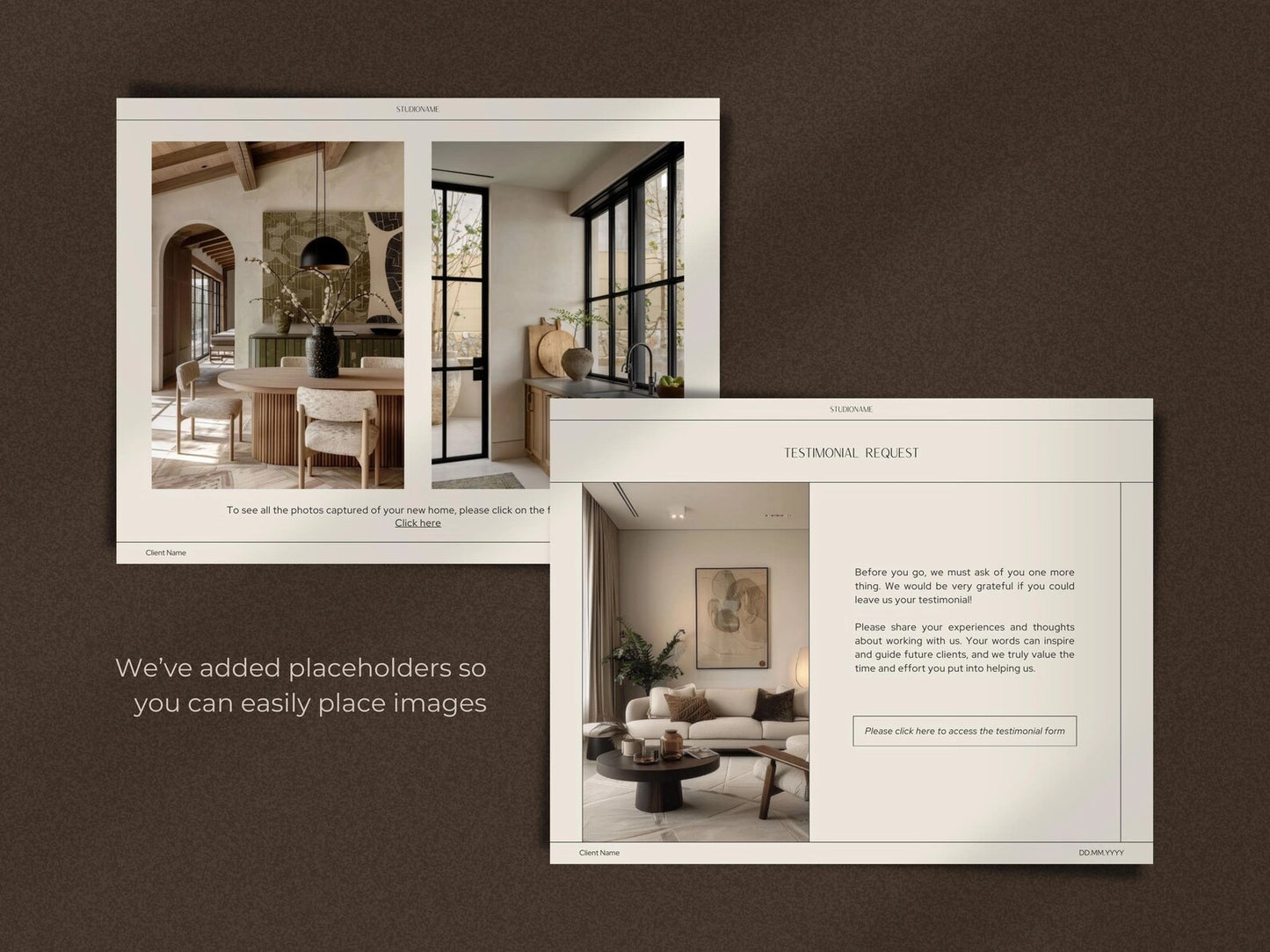 Design layout with placeholders for images on a brown background