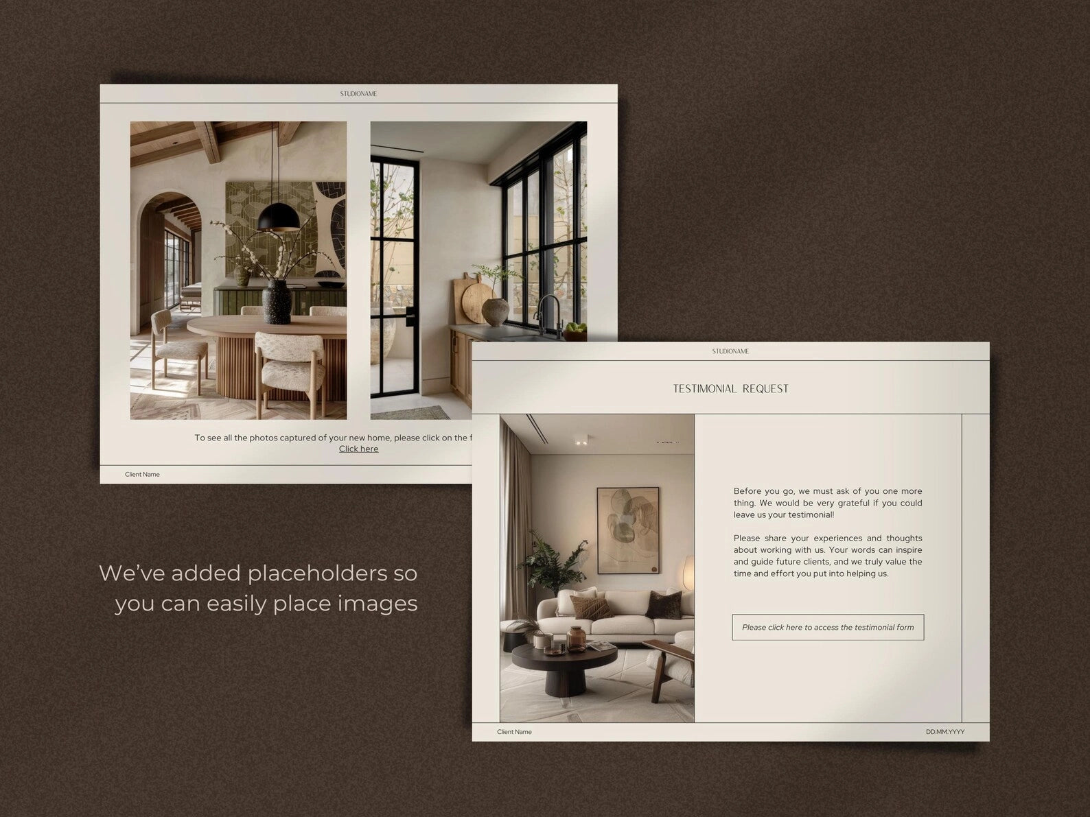 Design layout with placeholders for images on a brown background