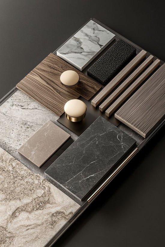 Collection of wood, stone, and metal samples on a dark surface