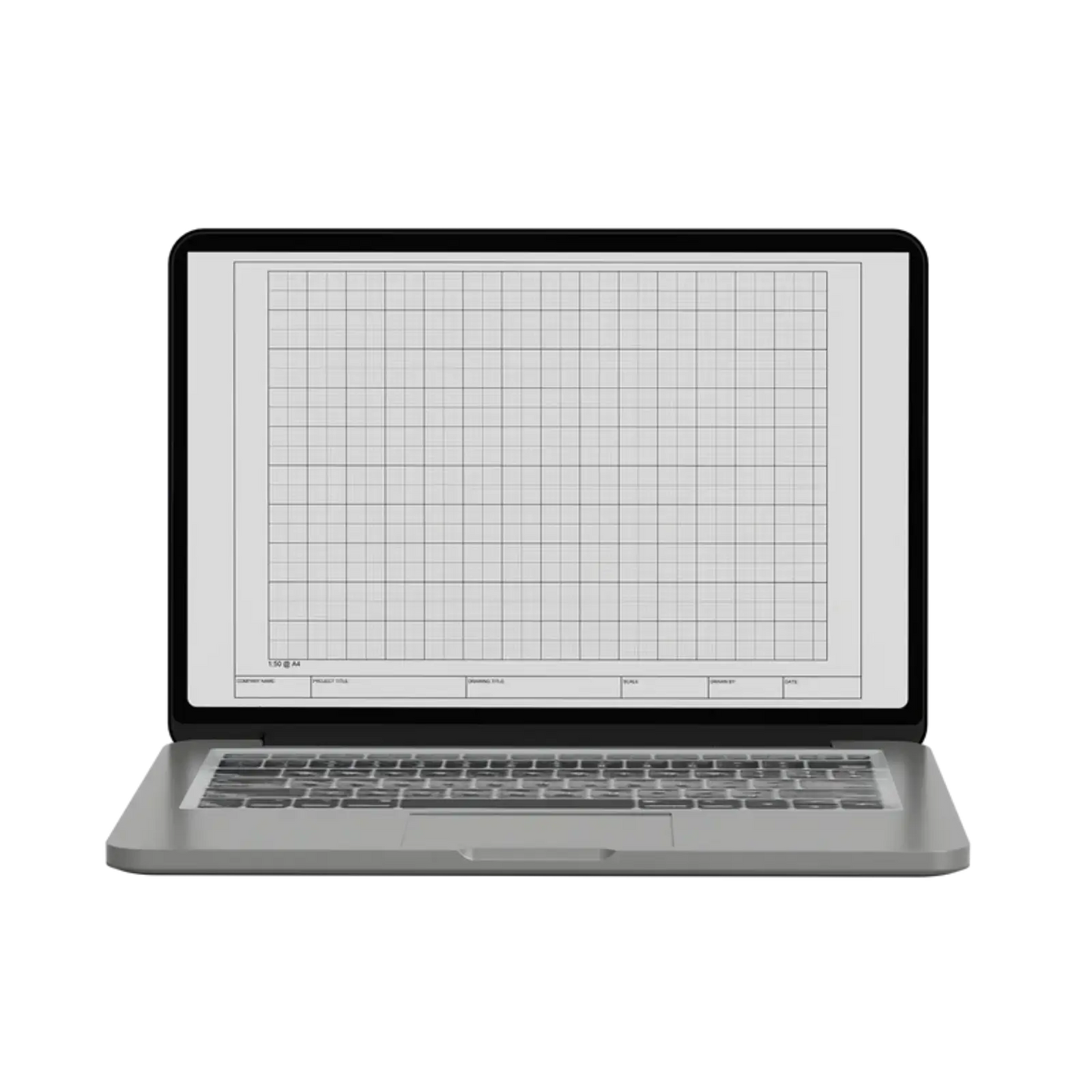 Laptop displaying a grid document on a white background