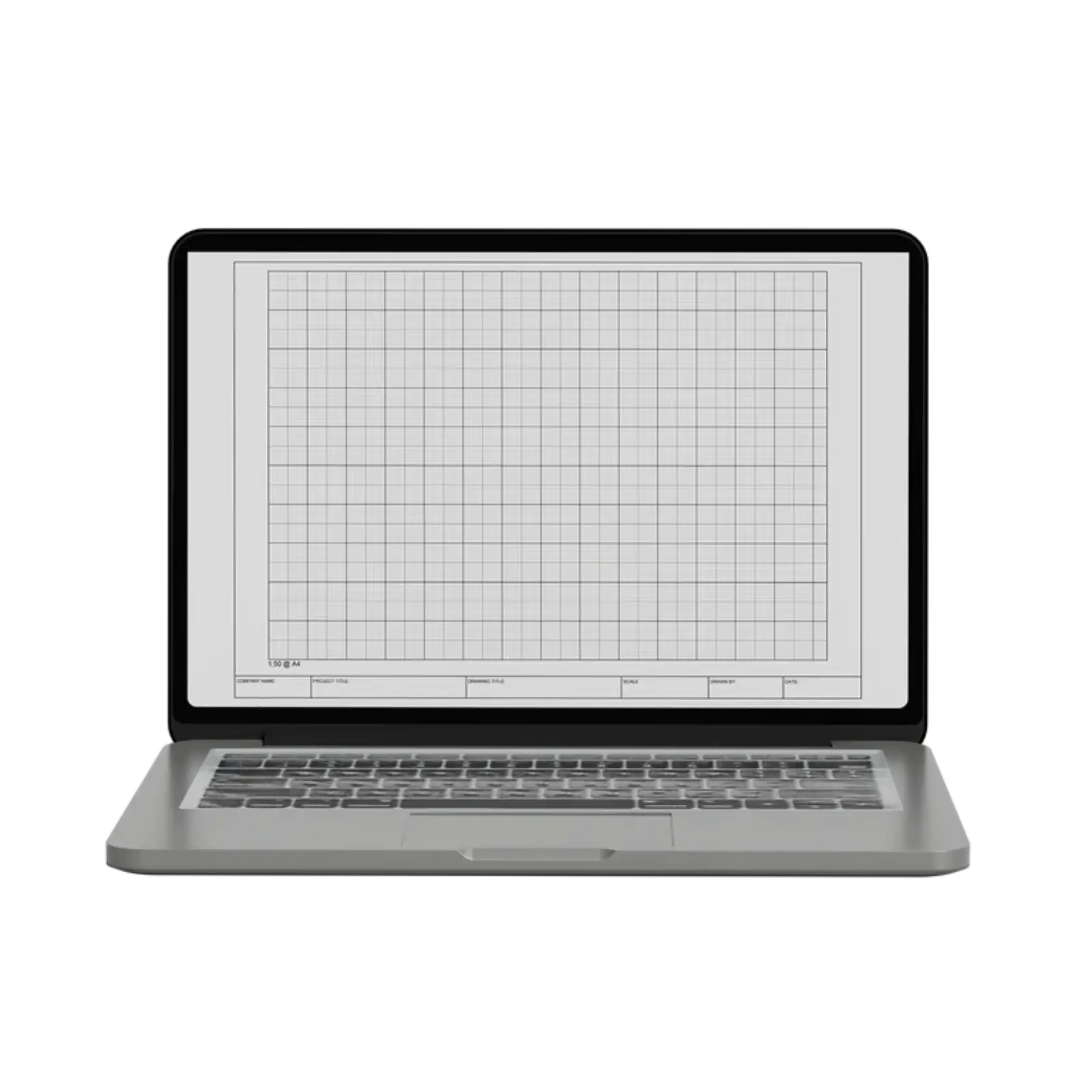 Laptop displaying a grid document on a white background