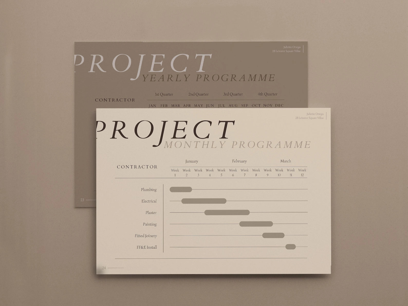 Two project planning documents titled 'Project Yearly Programme' and 'Project Monthly Programme' on a beige background.