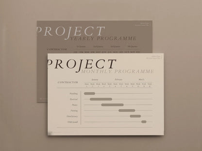 Two project planning documents titled 'Project Yearly Programme' and 'Project Monthly Programme' on a beige background.