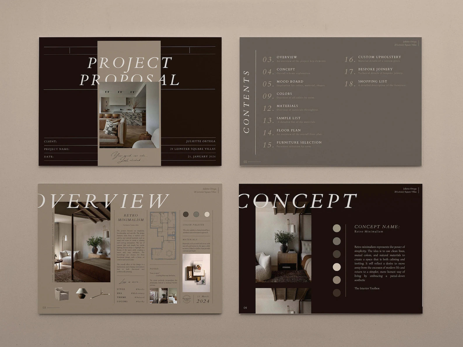 Set of interior design proposal pages on a beige background