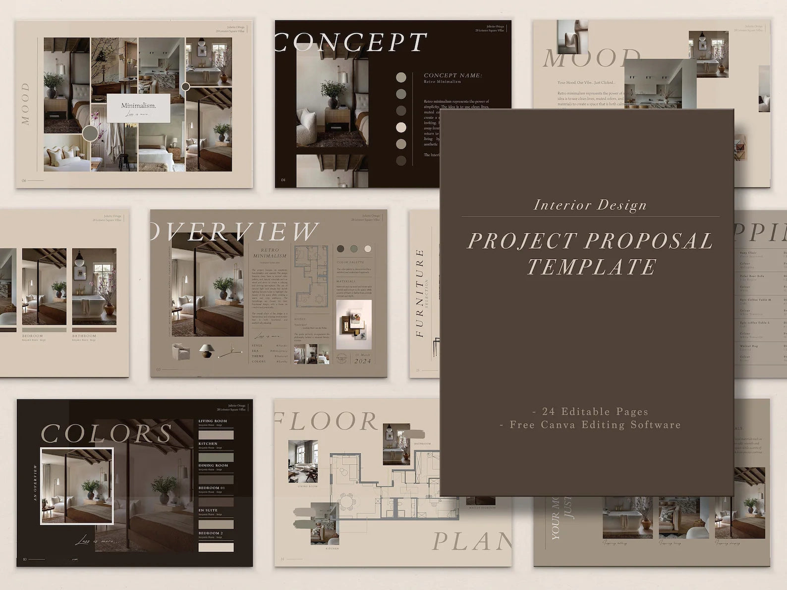 Collection of interior design project proposal templates with various sections.