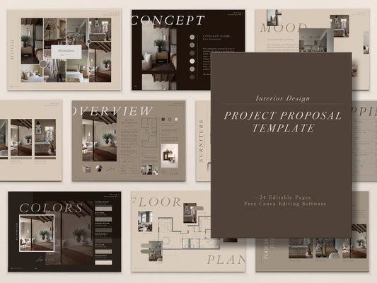 Collection of interior design project proposal templates with various sections.