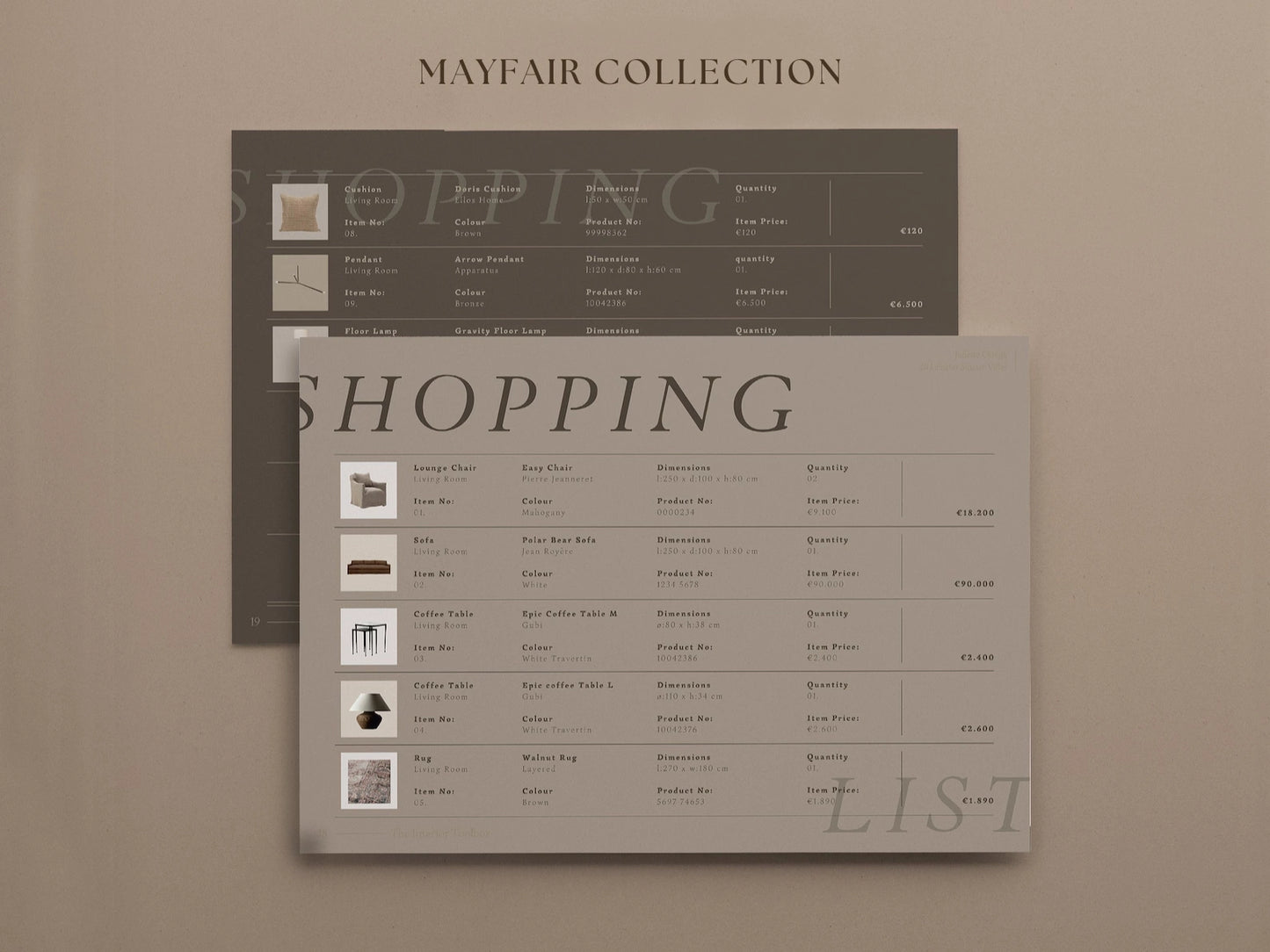 Two shopping lists titled 'Mayfair Collection' and 'Shopping List' on a beige background.
