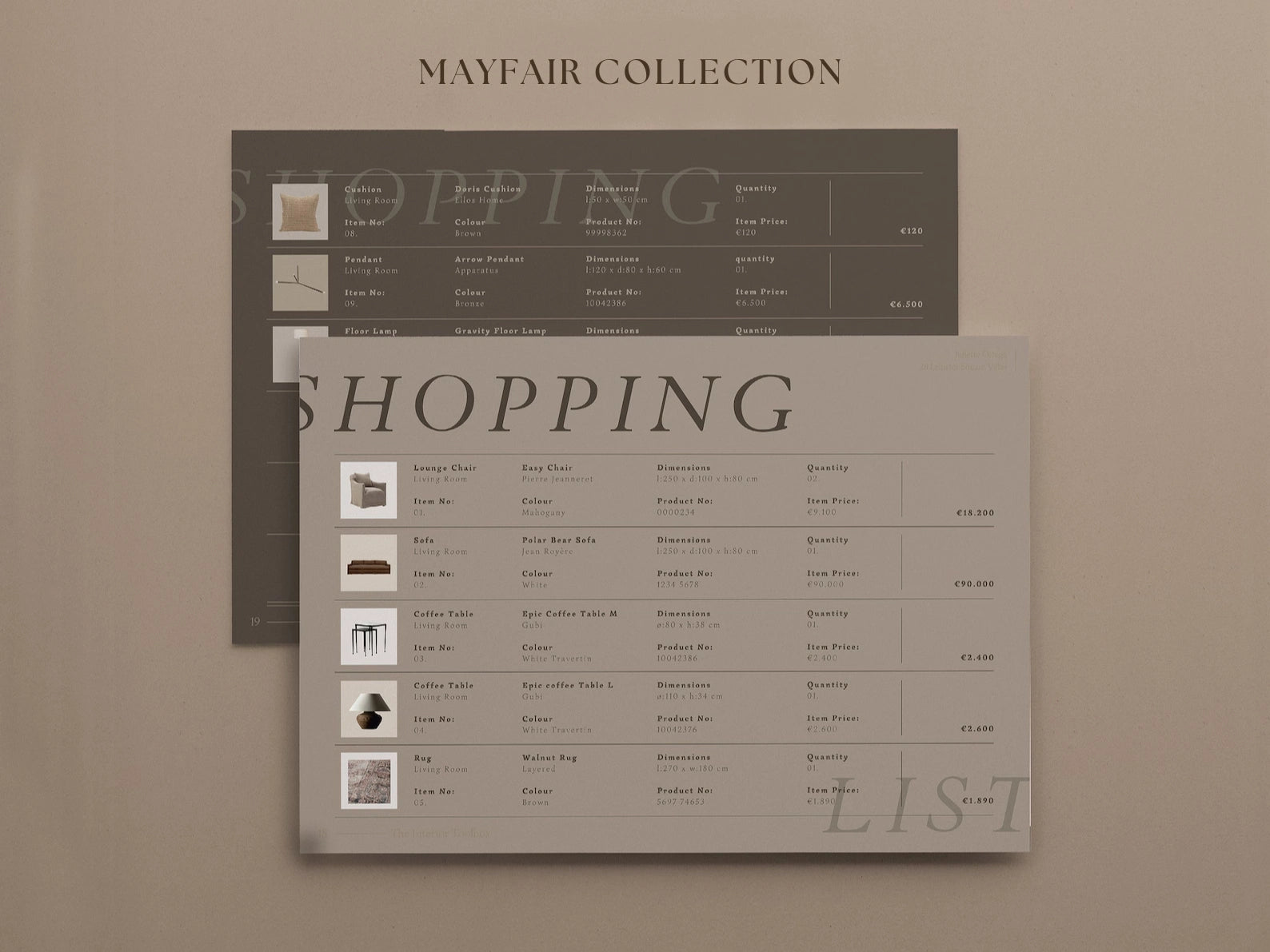 Two shopping lists titled 'Mayfair Collection' and 'Shopping List' on a beige background.