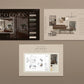 Three design brochures on a brown background, showcasing interior design elements.