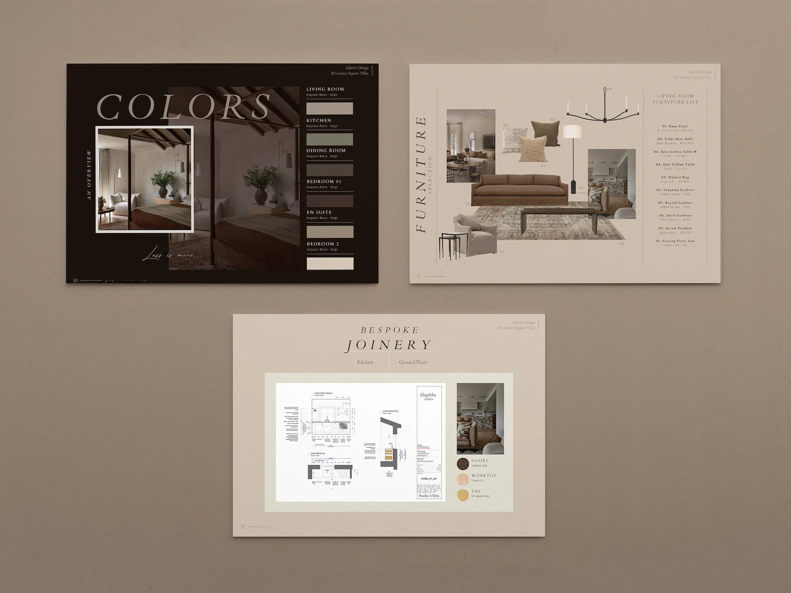 Three design brochures on a brown background, showcasing interior design elements.